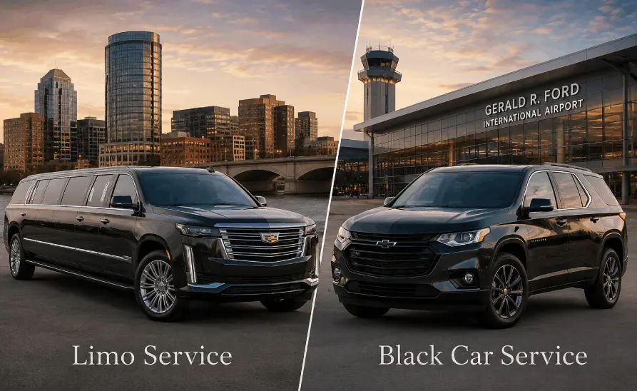 Grand Rapids limo service vs black car service with luxury SUV and stretch limousine at airport and downtown skyline